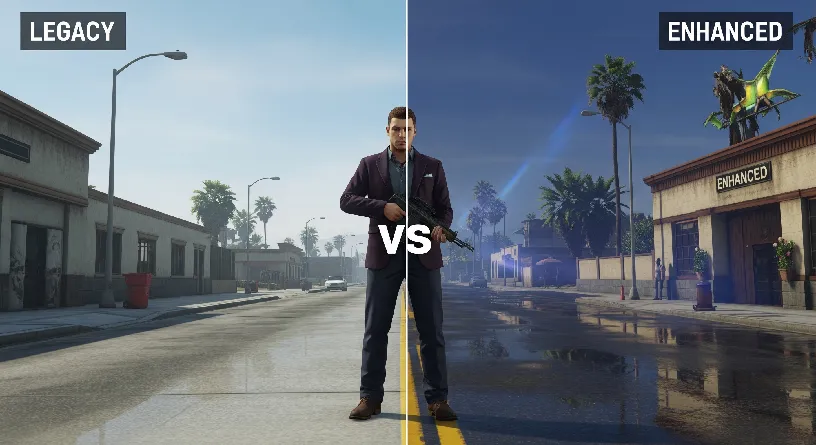 Side-by-side visual comparison of GTA V Legacy and Enhanced editions highlighting improved graphics and lighting in Enhanced Edition