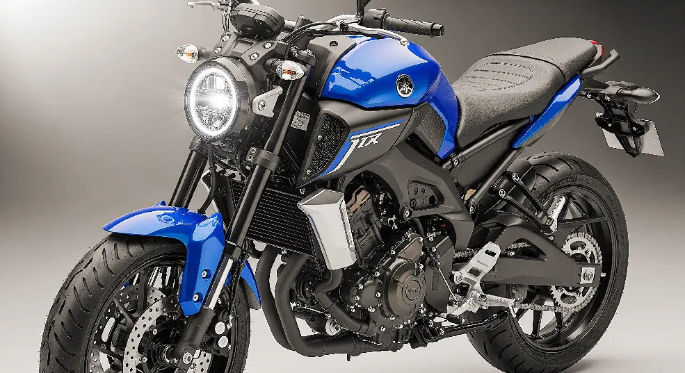 Yamaha FZ X motorcycle showcasing fuel tank, engine, and sleek design from a close angle with no rider