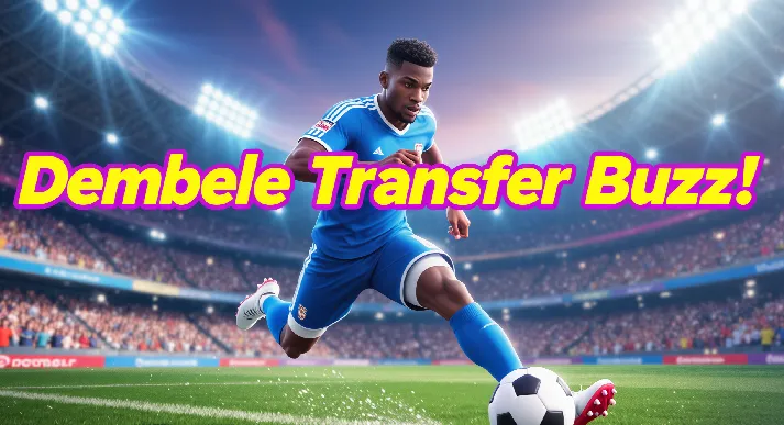 Ousmane Dembele on the football field with text ‘Dembele Transfer Buzz!’ highlighting the latest transfer news and fan excitement.
