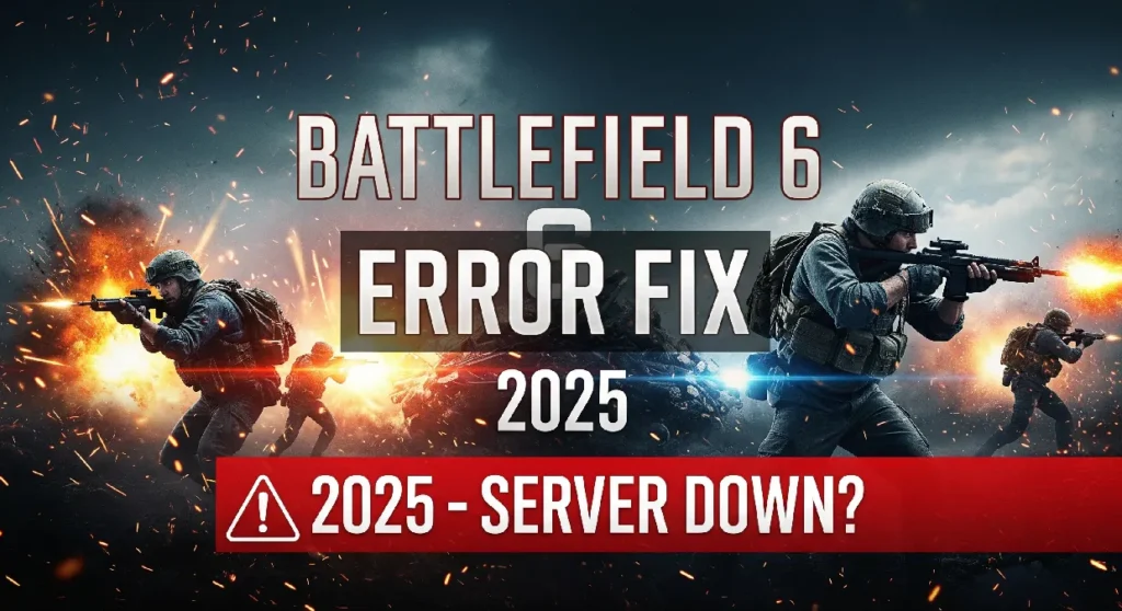 Battlefield 6 error screen with soldiers in combat and red warning overlay showing server down alert 2025.