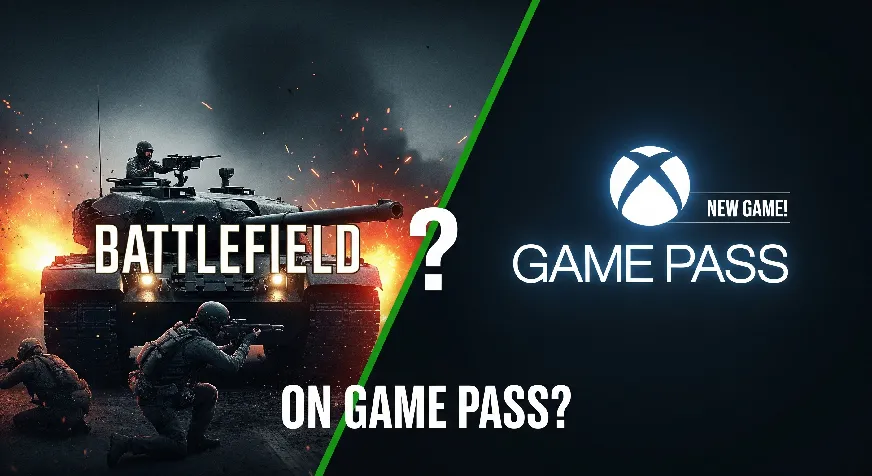 A dynamic thumbnail featuring the Battlefield logo overlapping the Xbox Game Pass logo, with a prominent question mark signifying 'DAY ONE?'. The background shows a blurred, action-packed futuristic warzone scene.