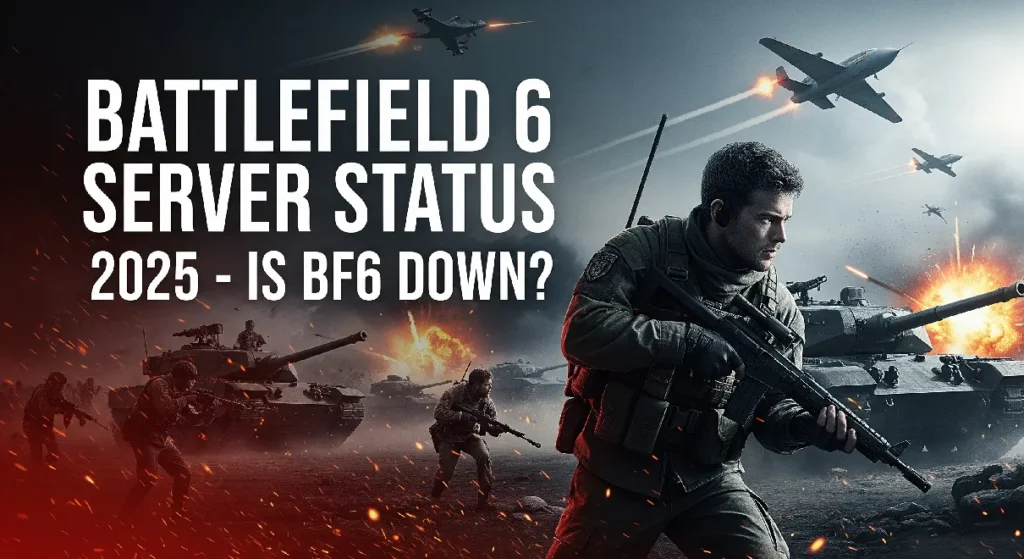 Battlefield 6 multiplayer action with soldiers, tanks, and jets in explosive combat, highlighting server status updates.