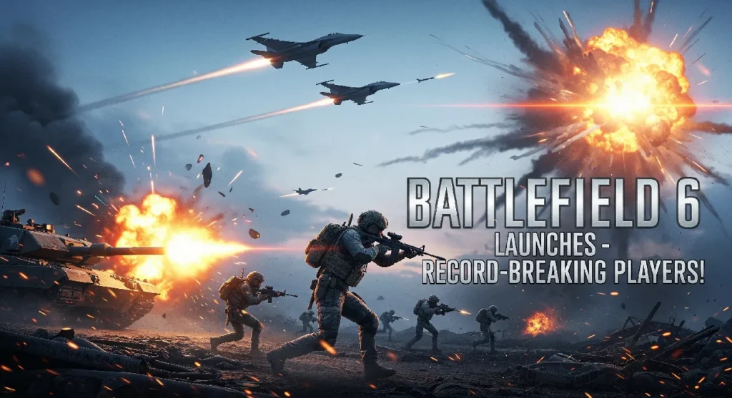 Battlefield 6 intense multiplayer combat with soldiers, tanks, and jets in action-packed war zone