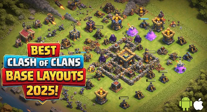 Thumbnail of a Clash of Clans base showing a well-defended Town Hall, walls, archer towers, and troops in battle with text “Best Clash of Clans Base Layouts 2025!