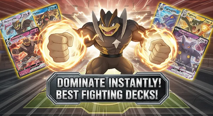 Dynamic close-up of Machamp VMAX with glowing fists, surrounded by other powerful Fighting-type Pokémon cards like Donphan, showcasing a dominant Pokémon TCG Pocket deck in action.