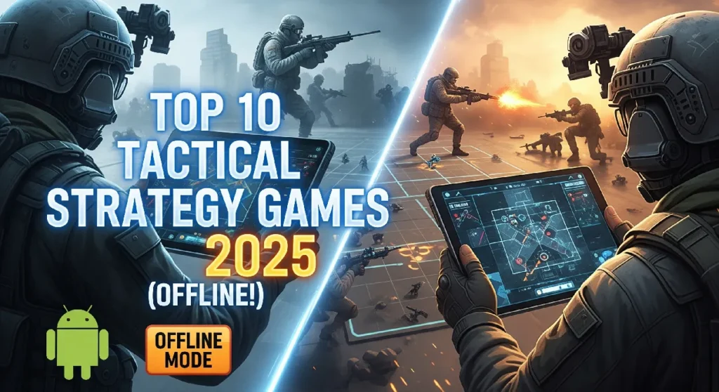 Thumbnail of top 10 tactical strategy games for Android offline 2025 showing futuristic soldiers, tanks, and strategy gameplay with “Offline Mode” badge.