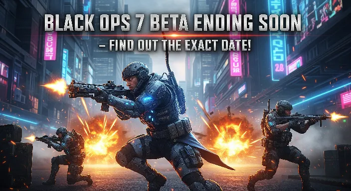 Black Ops 7 beta ending soon – futuristic soldiers in combat with explosions and neon city background, Call of Duty theme.
