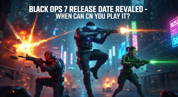 Black Ops 7 release date revealed – futuristic soldiers in action with explosions and neon lights, Call of Duty theme.