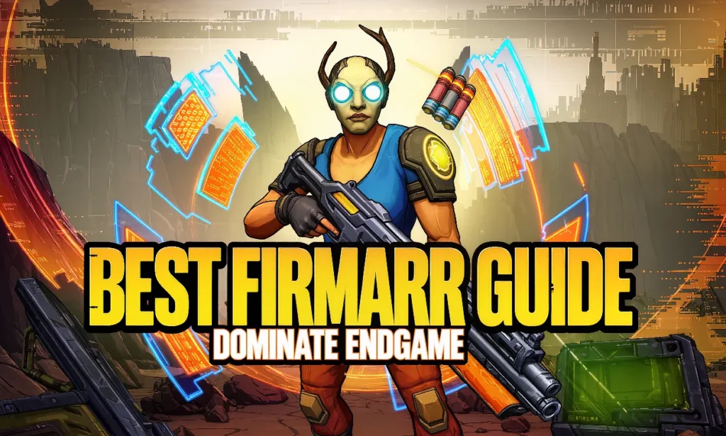 A Vault Hunter in Borderlands 4 cel-shaded style surrounded by glowing holographic firmware modules with text "BEST FIRMWARE GUIDE - DOMINATE ENDGAME"
