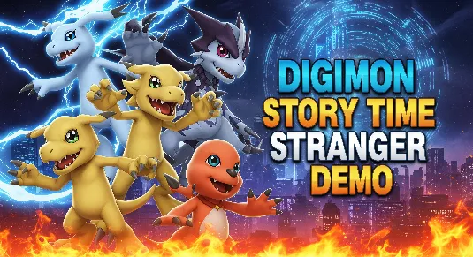 Digimon Story Time Stranger demo thumbnail featuring Agumon, Gabumon, Patamon in the Digital World.
