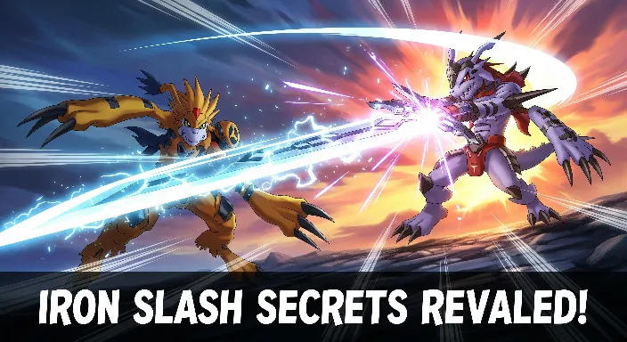 Digimon using Iron Slash in epic battle with glowing slash effects in the Digital World – Digimon Story Time Stranger Iron Slash Secrets Revealed