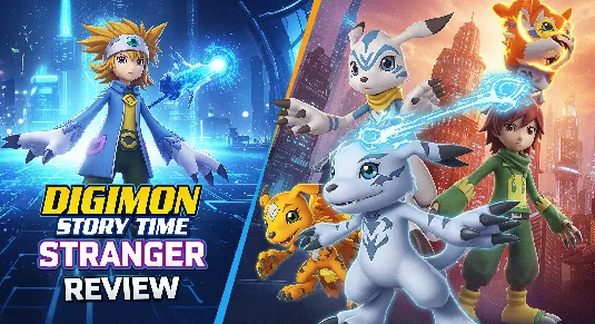 Digimon Story Time Stranger review thumbnail featuring main Digimon characters with digital world background and glowing effects.