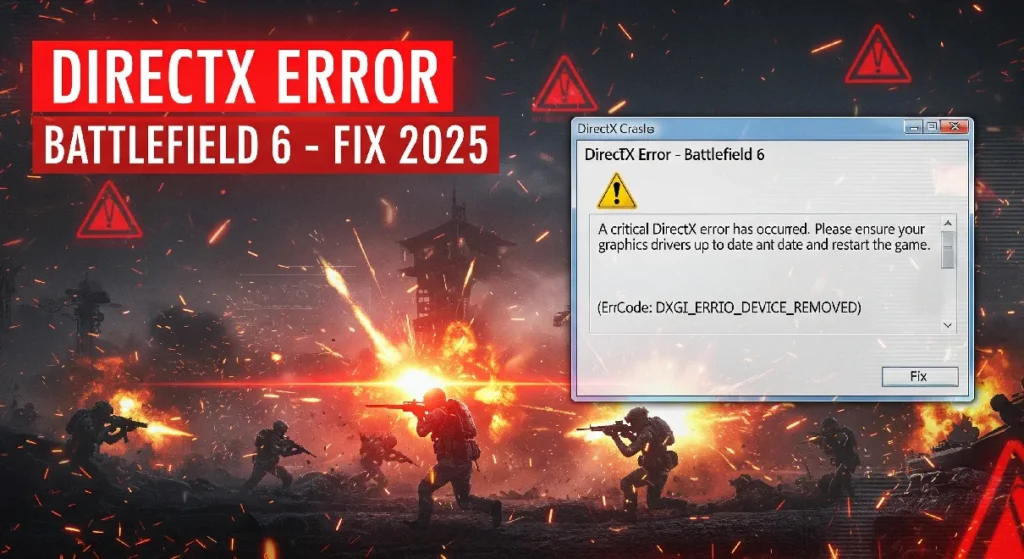 Battlefield 6 error screen with soldiers in combat and red warning overlay showing server down alert 2025.