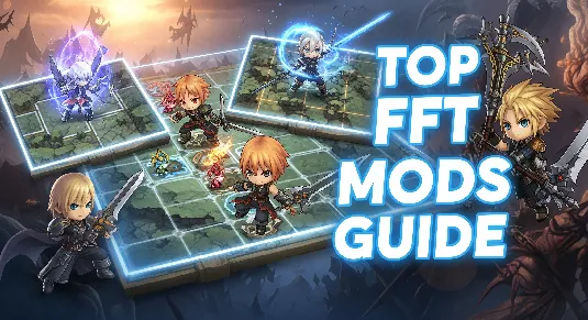 Final Fantasy Tactics: The Ivalice Chronicles mods thumbnail with chibi characters on a tactical RPG grid map, magical effects, and glowing title 'Top FFT Mods Guide'
