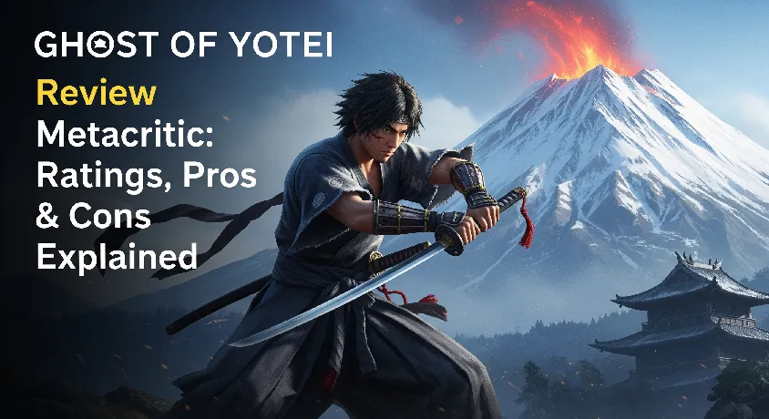 Main character Atsu from Ghost of Yotei in dynamic action pose with katana, snowy Mount Yotei volcano in the background