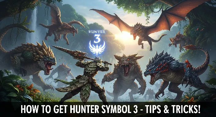 Monster Hunter Wilds hunter fighting monsters with glowing Hunter Symbol 3, lush wilderness background, action scene.