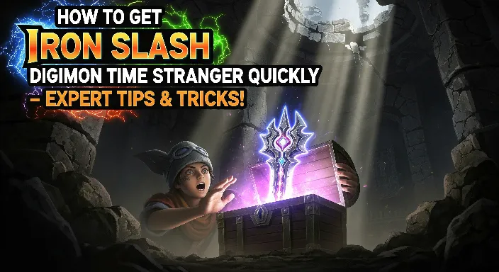 Digimon Time Stranger character discovering Iron Slash in a hidden chest surrounded by glowing effects and mysterious caves.