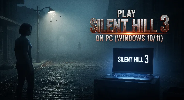 Heather Mason standing in a foggy Silent Hill street with a glowing PC screen showing the Silent Hill 3 logo, symbolizing how to play Silent Hill 3 on PC.