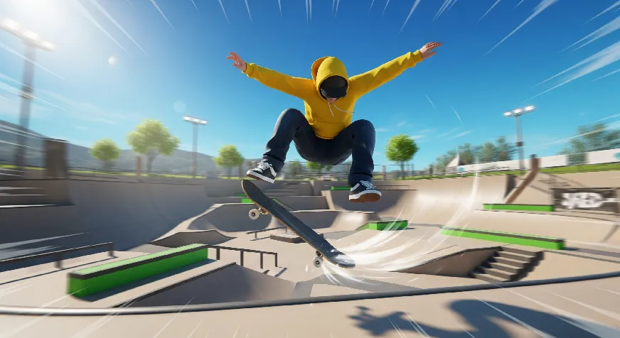 Skateboarder performing a Spread Eagle trick mid-air in Skate 4 with ramps and rails in the background, dynamic gaming action.