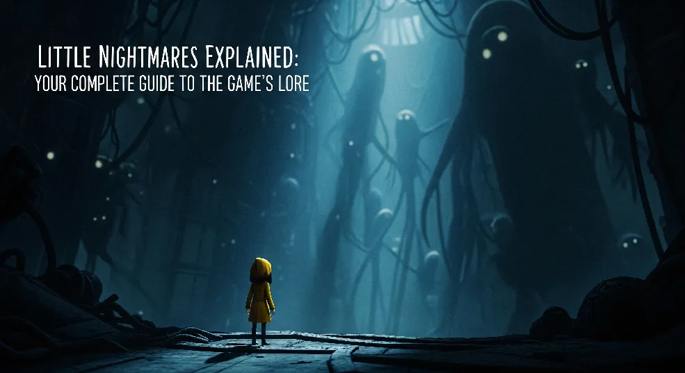 A small figure of Six in her yellow raincoat stands silhouetted against a vast, dark industrial environment within The Maw, with towering, monstrous shadows looming in the background, conveying dread and immense scale.