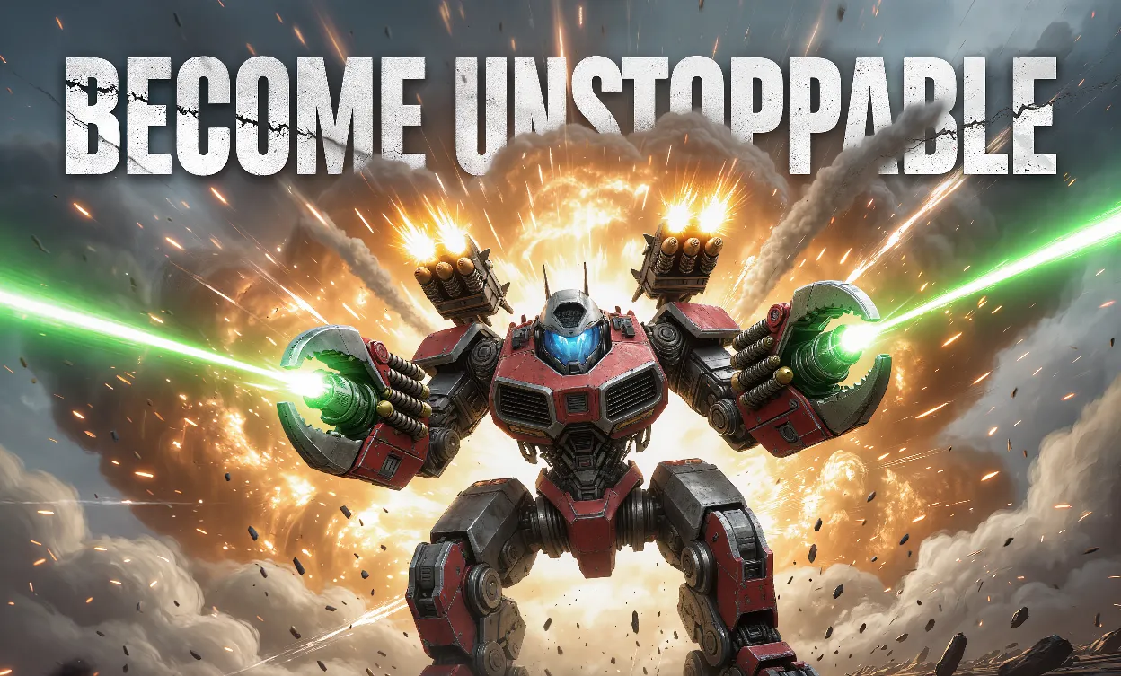 A dynamic MechWarrior 5 thumbnail showing a battle-scarred Atlas mech standing victorious with glowing energy shields, surrounded by defeated enemy mechs on a war-torn battlefield. Bold text reads "UNLIMITED C-BILLS" and "GOD MODE & MORE!" with explosive visual effects.