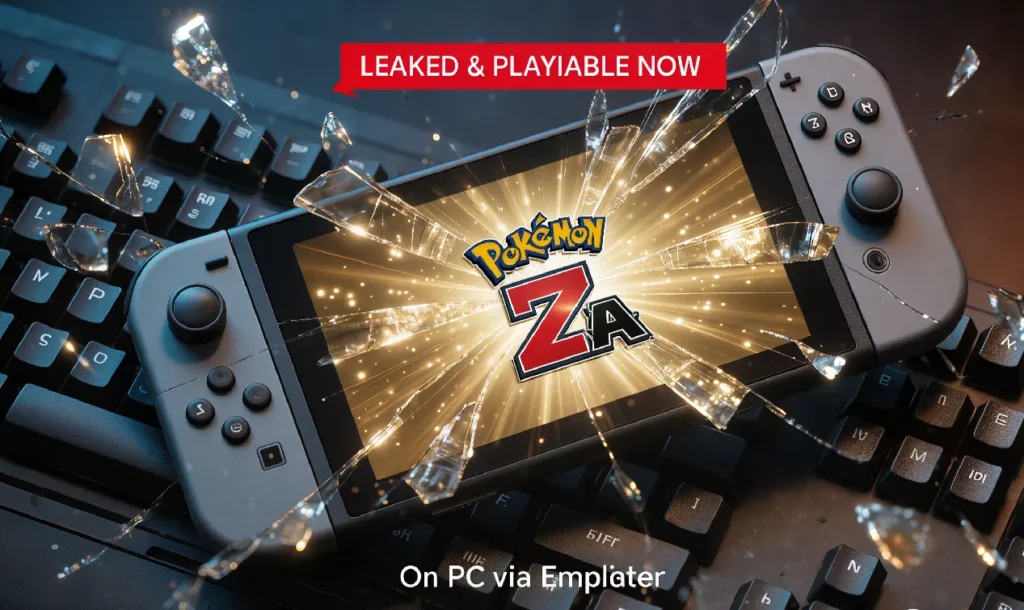 A Nintendo Switch console with a cracked screen showing the Pokemon Legends Z-A logo, placed on a gaming PC keyboard, with text "LEAKED & PLAYABLE NOW On PC via Emulator".