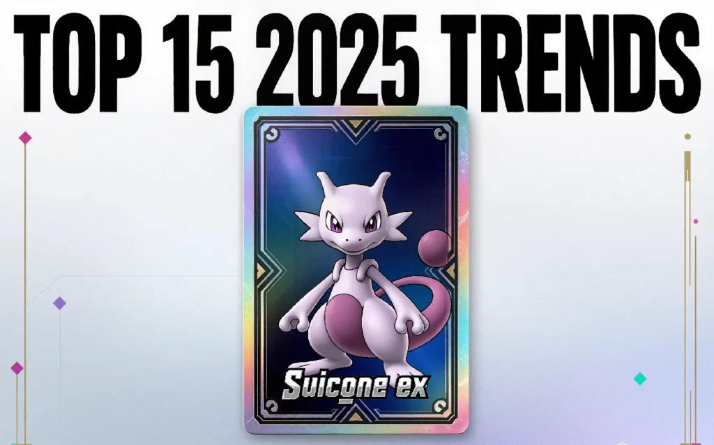 Suicune ex and Greninja Pokémon TCG Pocket cards with Top 15 2025 Trends title - Competitive meta analysis and strategy guide