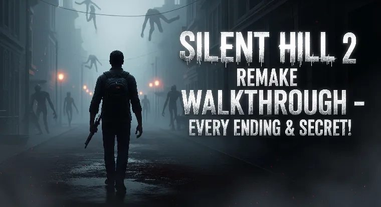 James Sunderland walking through foggy Silent Hill streets with shadowy monsters in the distance, representing the Silent Hill 2 Remake walkthrough guide.