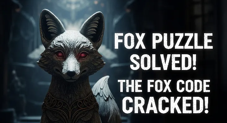 A close-up of an eerie fox statue with glowing eyes from Silent Hill F, set against a blurred, dark background. Prominent overlay text reads 'FOX PUZZLE SOLVED!' in a distressed, glowing font, signifying a breakthrough in a difficult game puzzle.