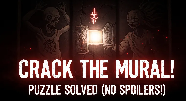 A haunting close-up of Silent Hill F's ancient, cryptic mural, showing distorted figures and glowing symbols amidst red mist. Overlayed text reads 'CRACK THE MURAL!' or 'PUZZLE SOLVED (NO SPOILERS!)' in a distressed, eerie font, hinting at an unsettling mystery.