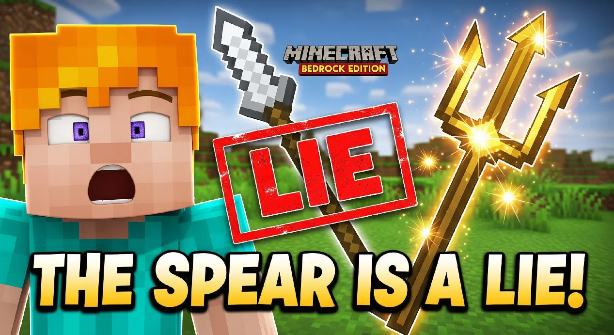 Shocked Minecraft character Alex pointing at glowing trident with red X over fake spear, revealing "The Spear is a Lie!" in Minecraft Bedrock Edition