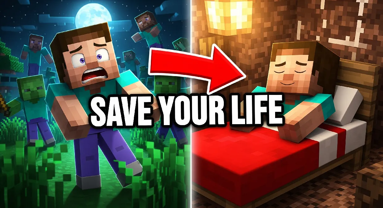 Minecraft split-screen thumbnail showing terrified Steve surrounded by zombies and creepers on left vs safe Steve sleeping in glowing bed on right with "SAVE YOUR LIFE" text