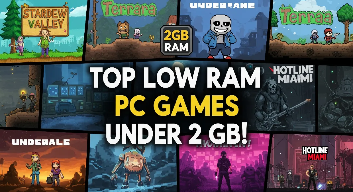 Thumbnail showing popular low RAM PC games under 2 GB including Stardew Valley, Terraria, Undertale, and Hotline Miami with bold text “Top Low RAM PC Games Under 2 GB!