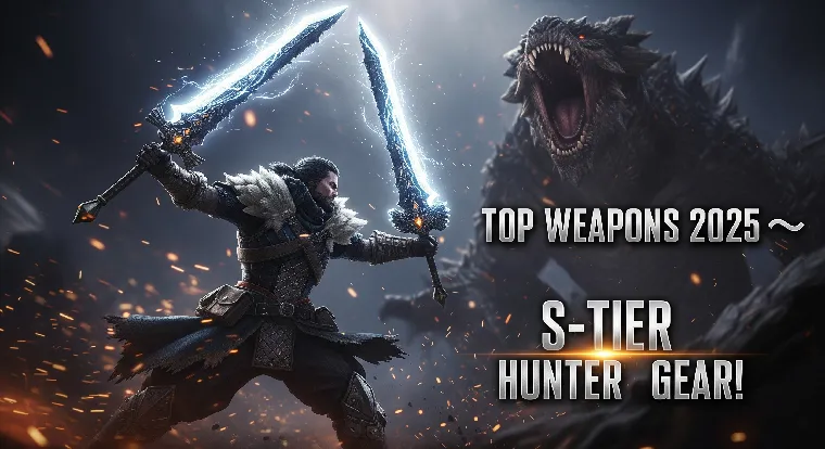 Epic Monster Hunter World scene with a hunter wielding Long Sword and Greatsword facing a roaring monster, featuring sparks, glowing weapons, and bold “TOP WEAPONS 2025” text.