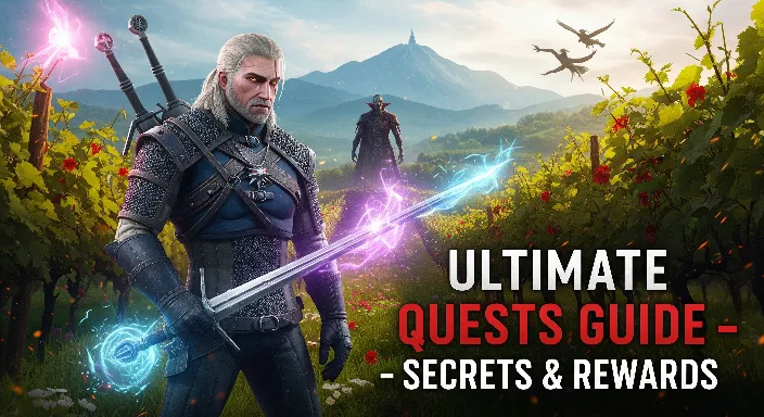 Geralt of Rivia in Witcher 3: Blood and Wine standing in Toussaint vineyard with vampire in the background – Ultimate Quests Guide