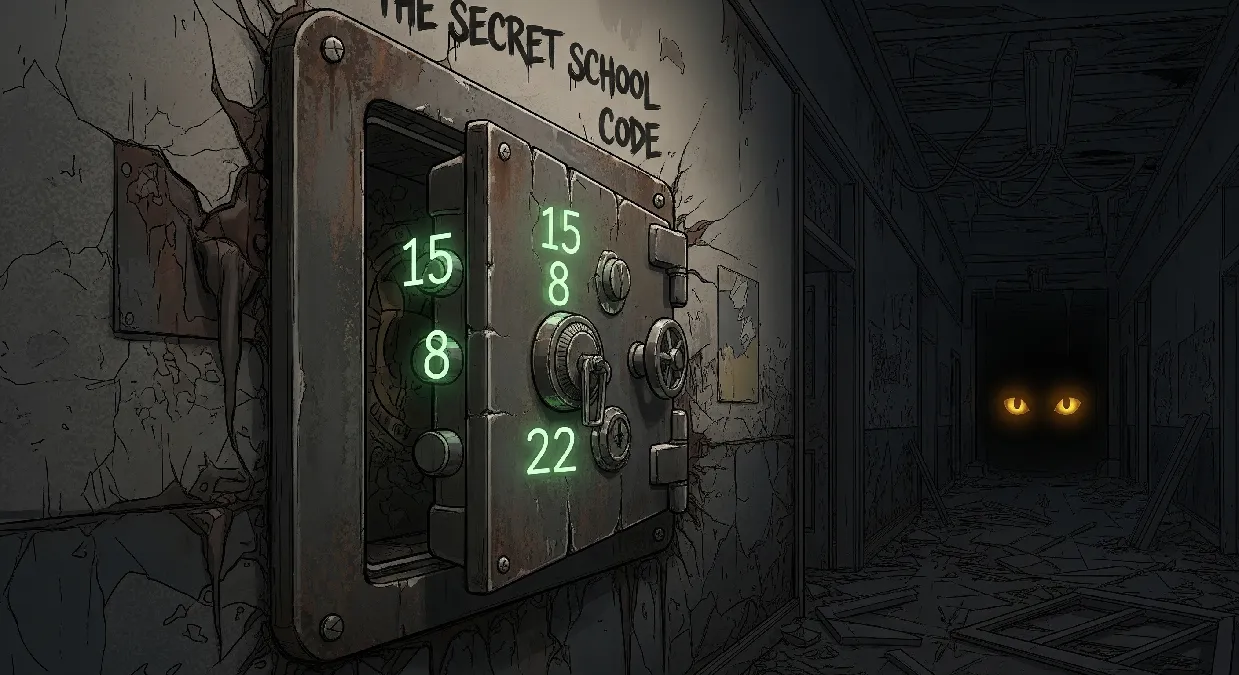 A first-person view inside a dark, abandoned Dying Light classroom, opening a wall safe with the code 15-8-22 to reveal a powerful Military Rifle inside, illuminated by dramatic lighting.