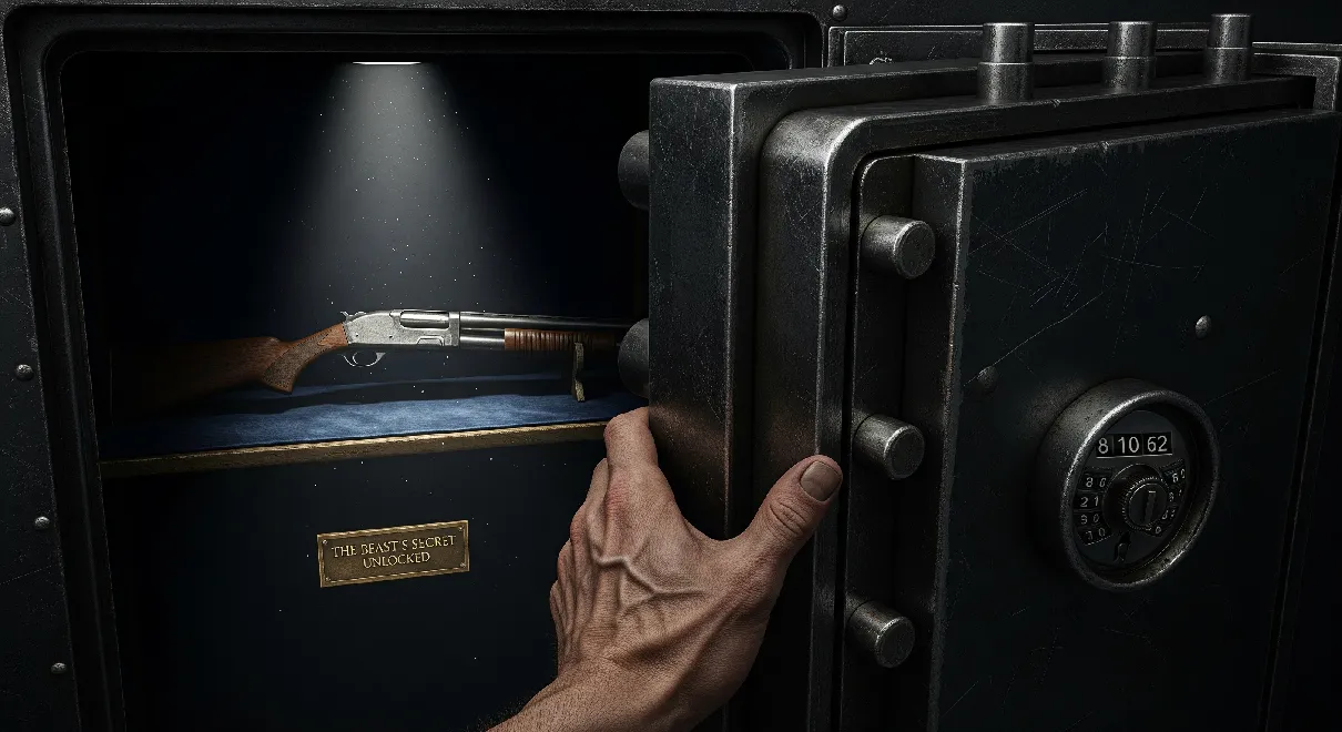 A Dying Light survivor holds a shotgun in a dark room, opening a safe with the code 8-10-62 as a Volatile zombie attacks.