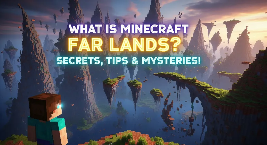 Minecraft player exploring the Far Lands with warped terrain, floating islands, and bizarre landscapes.