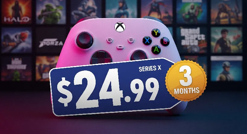 Xbox Game Pass Core 3-month subscription deal for $24.99, featuring an Xbox controller and popular game art, promoting online multiplayer and savings.