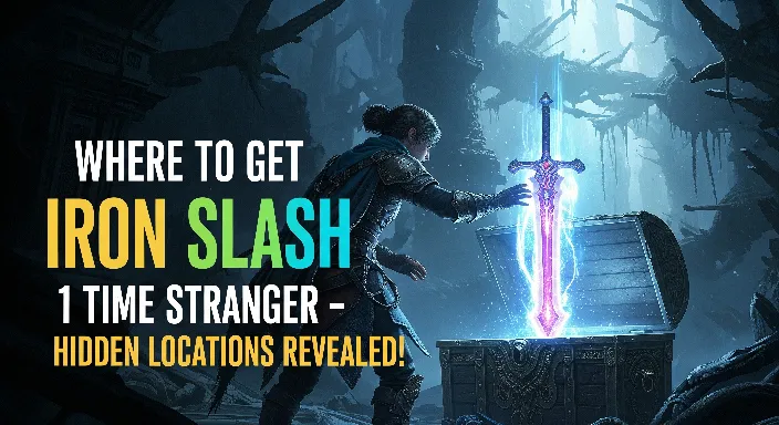 1 Time Stranger character discovering Iron Slash in a hidden chest surrounded by mysterious caves and glowing effects.