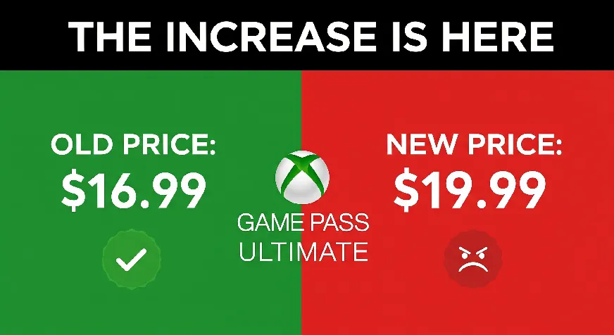Xbox controller and $19.99 price tag, announcing Xbox Game Pass price increase with urgent news alert style.