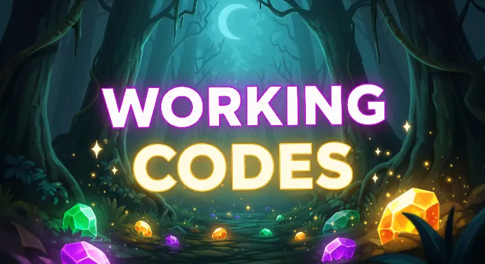 Thumbnail showing a dark, mystical forest from 99 Nights in the Forest with glowing gems on the ground and bold neon text "WORKING CODES" highlighting rewards.