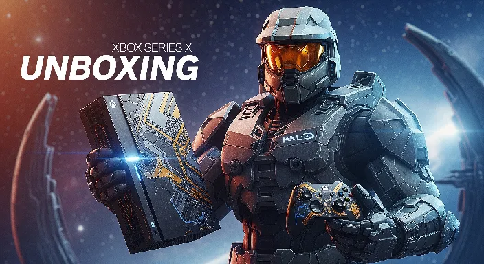 Master Chief holding the Microsoft Xbox Series X Halo Infinite Limited Edition Console with glowing blue and gold design, custom Halo controller, and starfield background