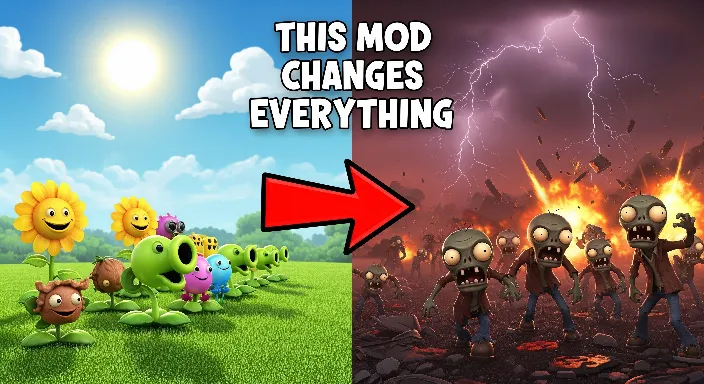 A terrified Peashooter from Plants vs Zombies looks on in panic as a giant armored zombie smashes through the lawn in the 'Replanted' mod.