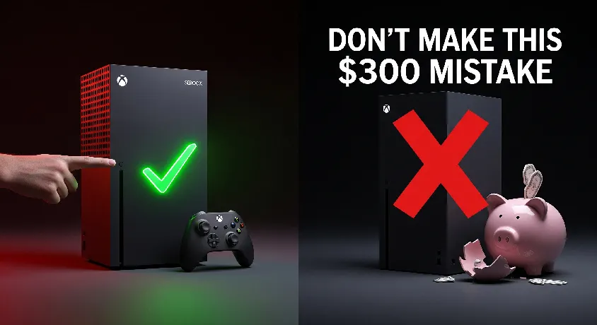 Split-screen comparison of the Xbox Series X and Series S, with a hand pointing to the powerful Series X and a crossed-out $300 price tag on the Series S, illustrating the article 'Don't Make This $300 Mistake