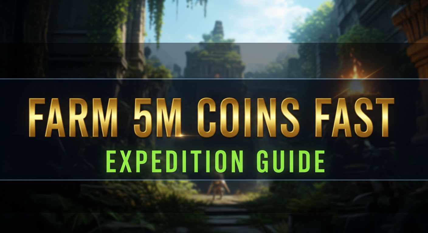 A first-person view in ARC Raiders of a gloved hand holding a large gold coin marked "5M," with a blurry sci-fi industrial landscape and loot crates in the background. Text overlay reads "FARM 5M COINS FAST" and "EXPEDITION GUIDE.