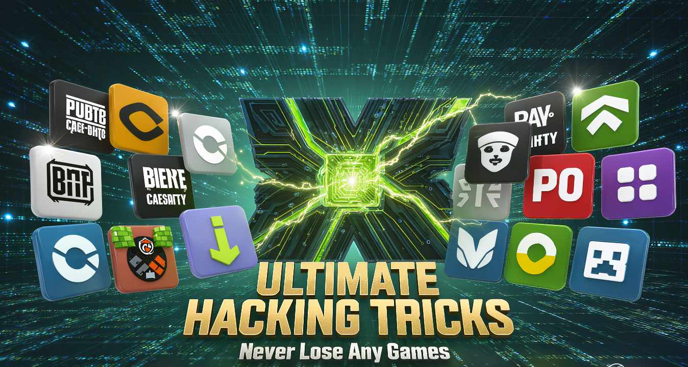 Illustration showing winning tips and hacking strategies for PUBG, Free Fire, Minecraft and other top video games.