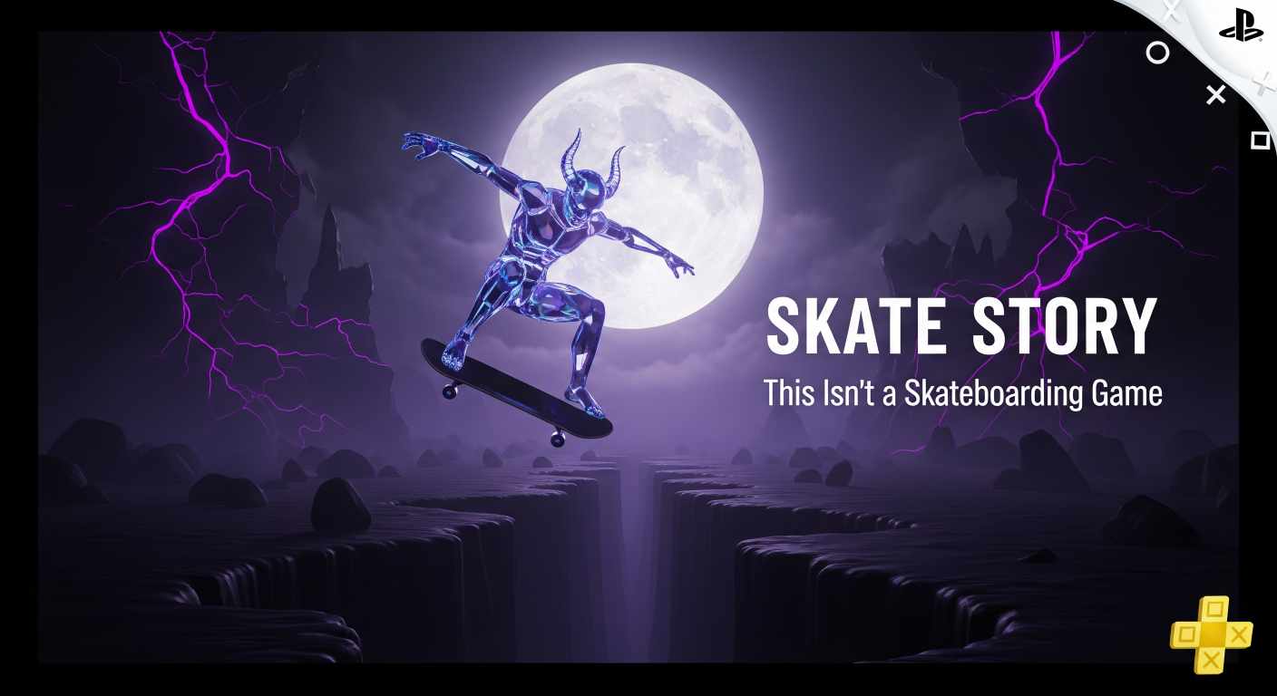 A crystalline glass demon performing a skateboard trick in a dark, surreal underworld, with a giant moon in the background. Text reads 'SKATE STORY - This Isn't a Skateboarding Game' alongside the PS Plus logo.