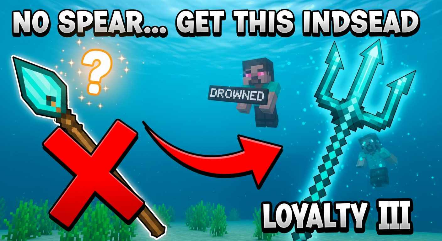 A Minecraft thumbnail showing a red X over a wooden spear, with an arrow pointing to a glowing enchanted Trident held by a Drowned mob.