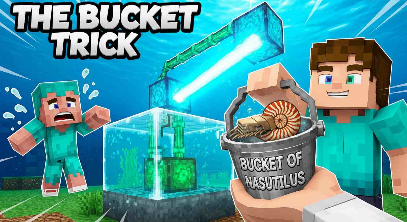 A vibrant Minecraft scene shows a player holding a Bucket of Nautilus, with a glowing Conduit and an aquarium in the underwater background.